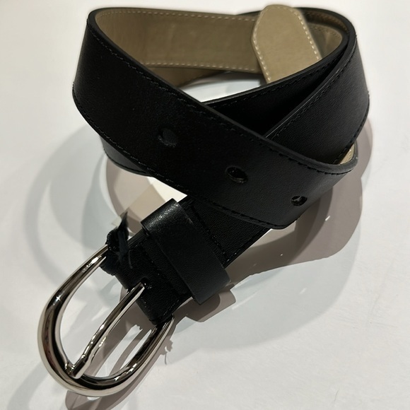 Black Vegan leather belt with silver tone buckle fits approximately 31-36” - Picture 1 of 6